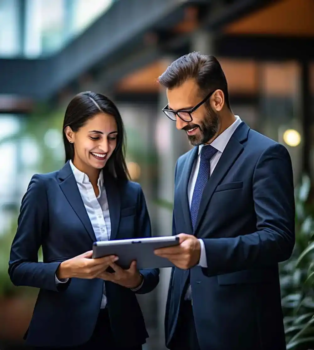 Business leaders reviewing data on a tablet and smiling